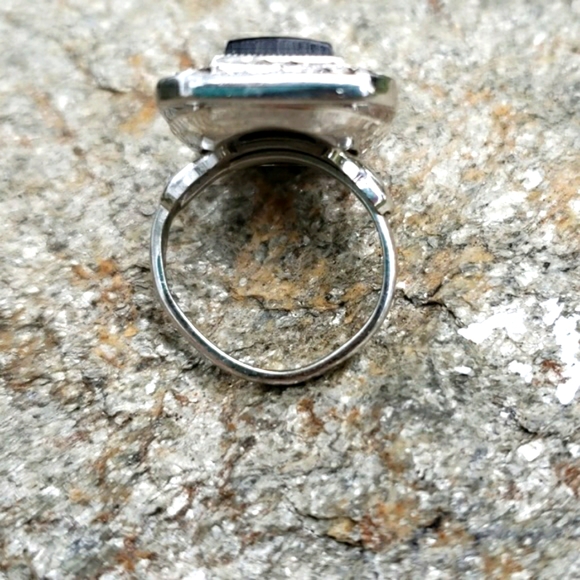 Art Deco Onyx Marcasite Cab Sterling Silver Ring - Picture 5 of 7